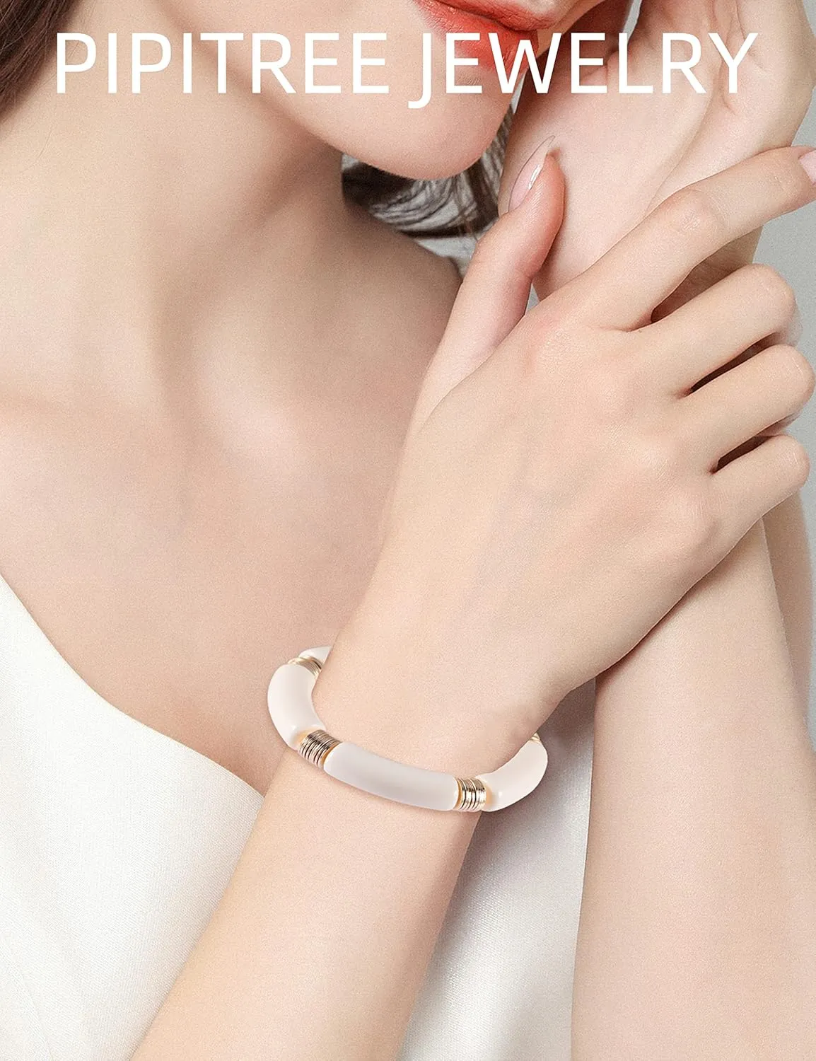 PIPITREE Bamboo Tube Bangles Bracelet For Women Chunky Curved Stacking Clear Acrylic Colorful Beads Stretchable Gold Bracelets Friendship Summer Beach Jewelry