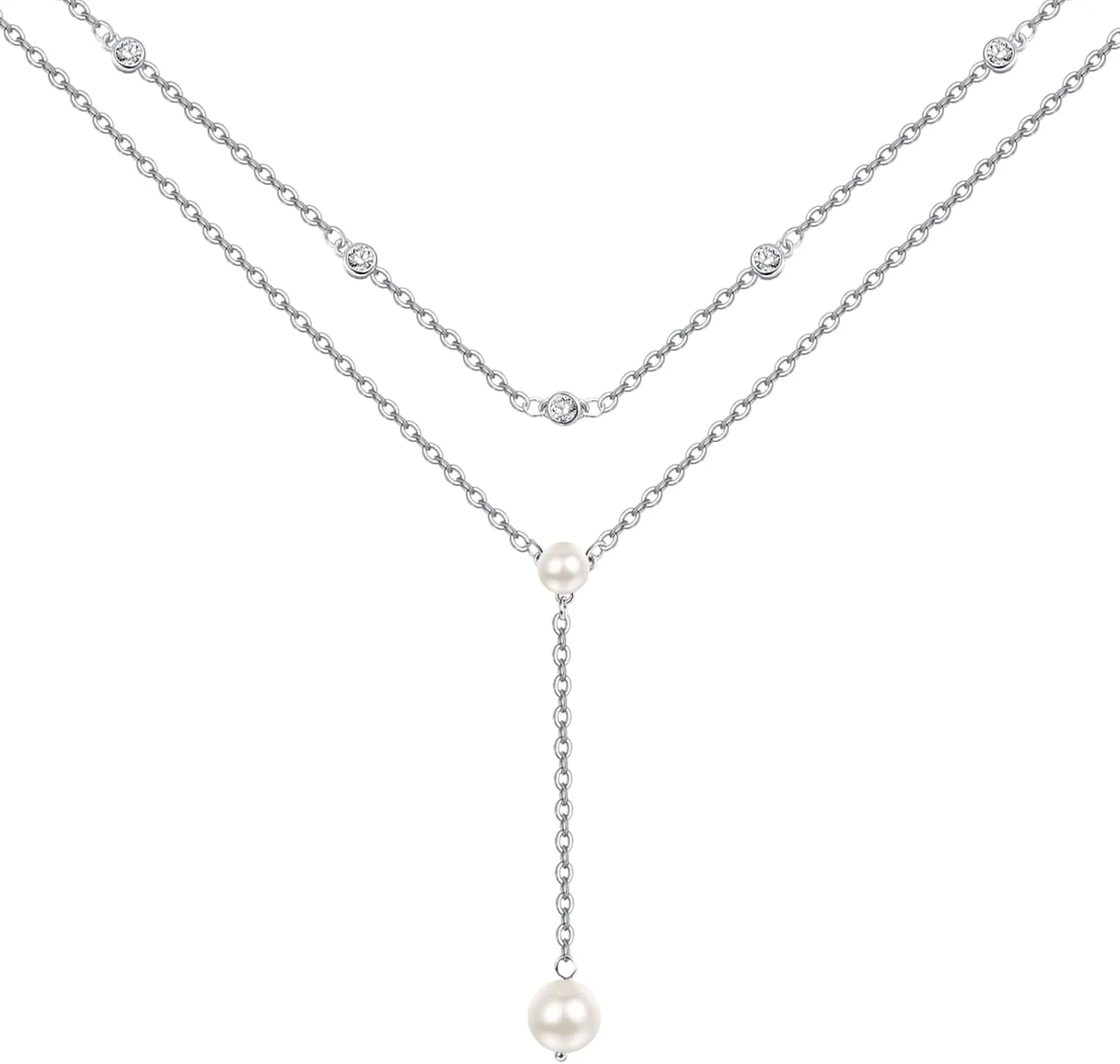 PRAYMOS Pearl Necklace for Women Sterling Silver Simple Fashion Trendy Dainty Pearl Necklace Long Layered Pearls Necklace Pearl Jewelry Gifts 