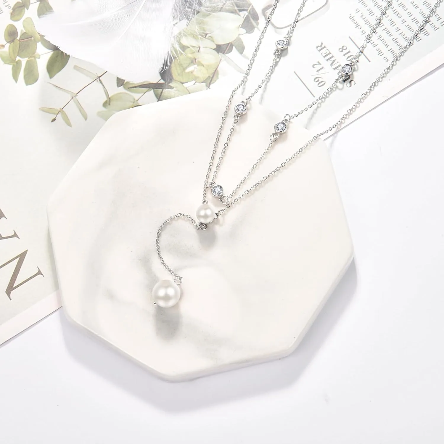 PRAYMOS Pearl Necklace for Women Sterling Silver Simple Fashion Trendy Dainty Pearl Necklace Long Layered Pearls Necklace Pearl Jewelry Gifts 