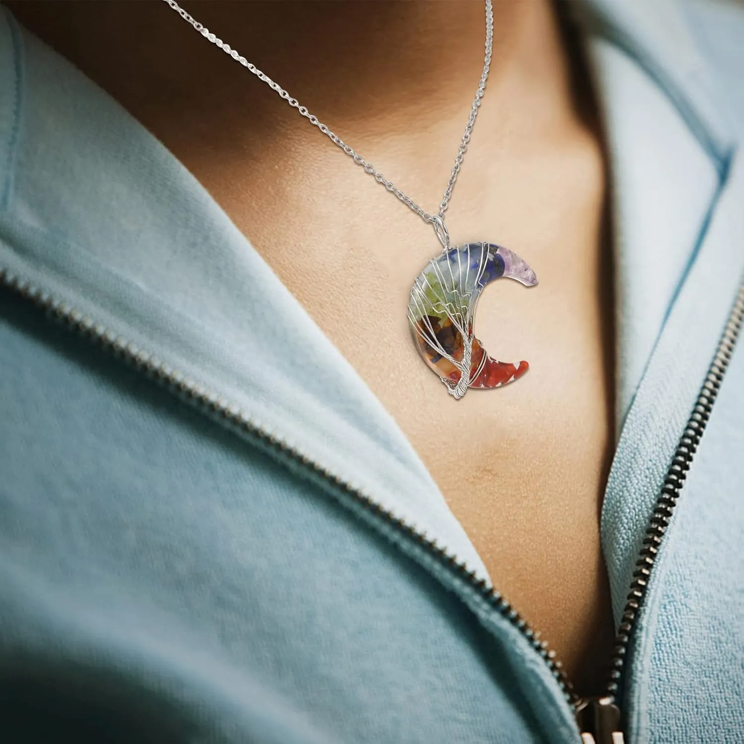 QIHOO 7 Chakra Moon Necklace Pendant Wrapped Crescent Tree of Life Healing Crystal Necklace Natural Copper Wire Wrap Resin Reiki Spiritual Quartz Gemstone Jewelry for Women