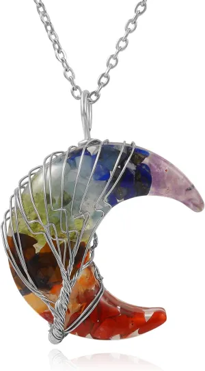 QIHOO 7 Chakra Moon Necklace Pendant Wrapped Crescent Tree of Life Healing Crystal Necklace Natural Copper Wire Wrap Resin Reiki Spiritual Quartz Gemstone Jewelry for Women