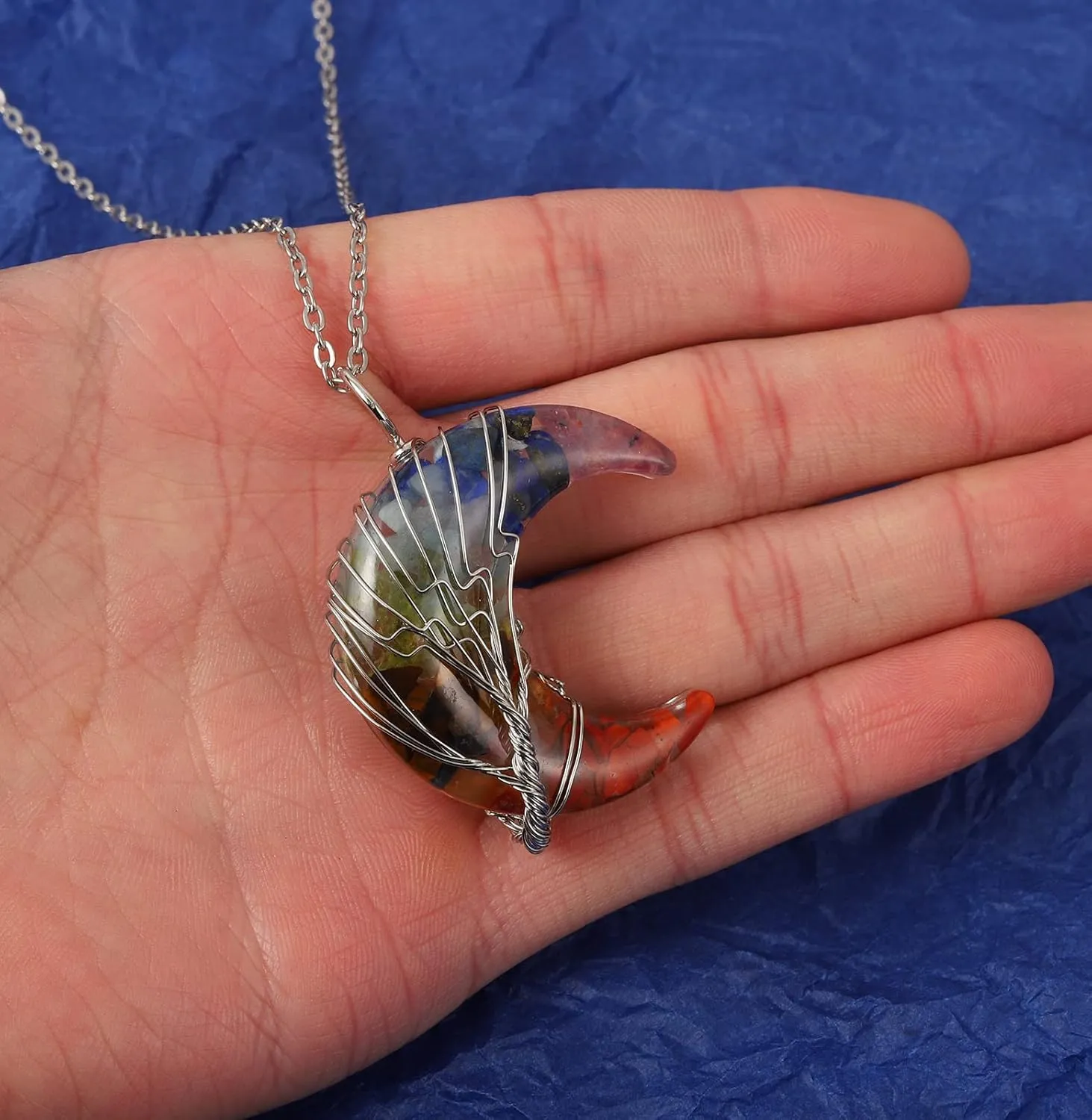 QIHOO 7 Chakra Moon Necklace Pendant Wrapped Crescent Tree of Life Healing Crystal Necklace Natural Copper Wire Wrap Resin Reiki Spiritual Quartz Gemstone Jewelry for Women