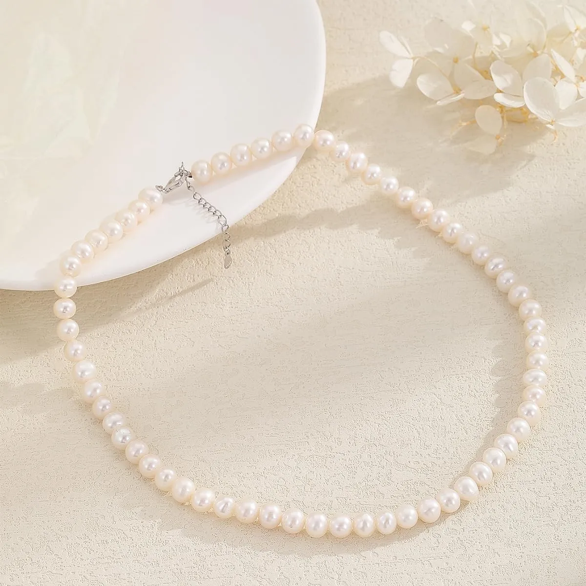 Real Pearl Necklace AAA  Quality White Freshwater Pearls Necklace for Women | 6.5-7mm Round White Pearls with 925 Sterling Silver Clasp - Pearl Gifts for Anniversary