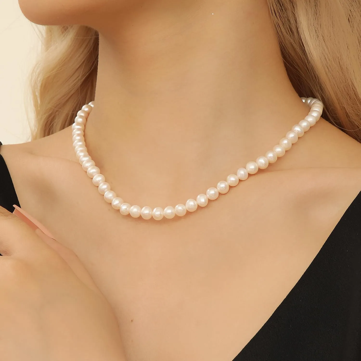 Real Pearl Necklace AAA  Quality White Freshwater Pearls Necklace for Women | 6.5-7mm Round White Pearls with 925 Sterling Silver Clasp - Pearl Gifts for Anniversary