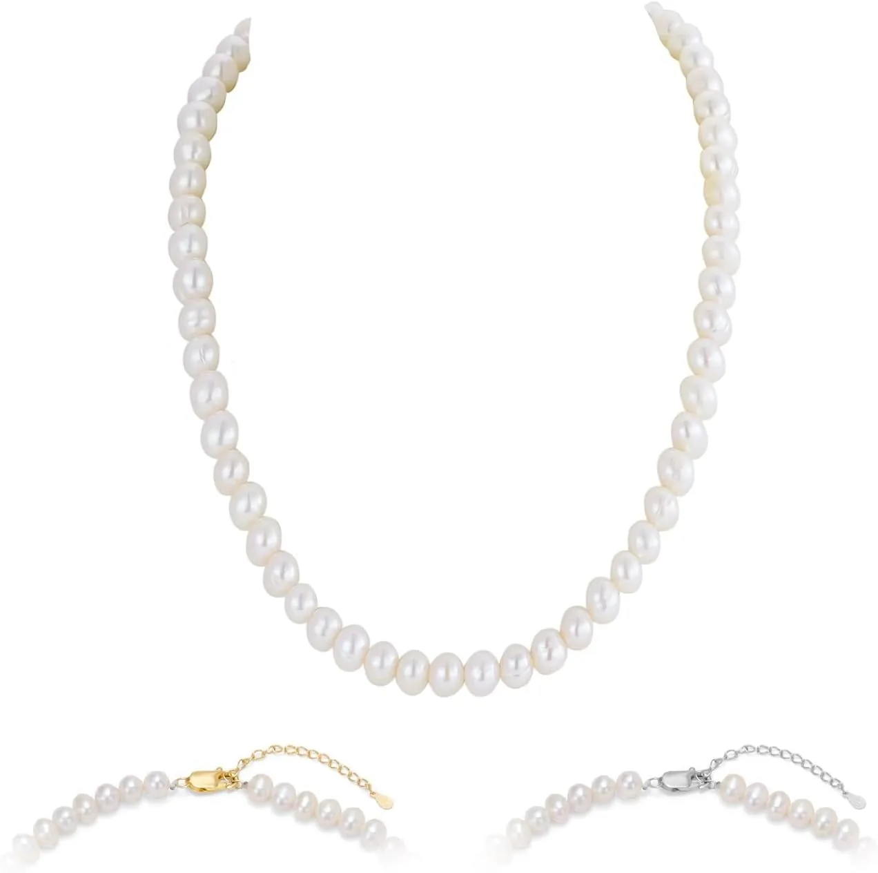 Real Pearl Necklace AAA  Quality White Freshwater Pearls Necklace for Women | 6.5-7mm Round White Pearls with 925 Sterling Silver Clasp - Pearl Gifts for Anniversary