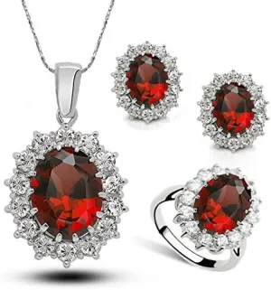 Red Diamond Jewelry Set with Pendant Necklace, Ring and Earring, Jewelry Gifts for Her, Anniversary and Birthday Gifts for Wife and Girlfriend