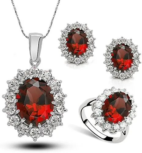 Red Diamond Jewelry Set with Pendant Necklace, Ring and Earring, Jewelry Gifts for Her, Anniversary and Birthday Gifts for Wife and Girlfriend