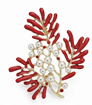 Red Glaze Enamel Maple Coral Imitation Pearl Clothes Accessories Jewelry Brooches