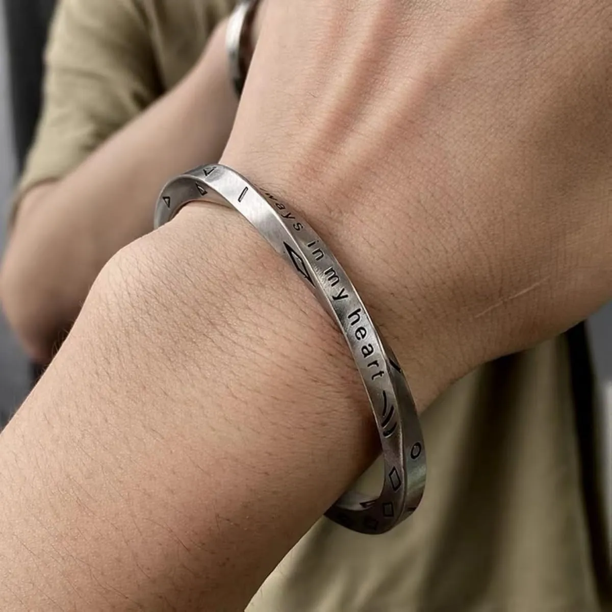 Retro Silver Cuff Bracelets for Men Women - 18K Gold Plated Stainless Steel Viking Always In My Heart Cuff Bangles Bracelets