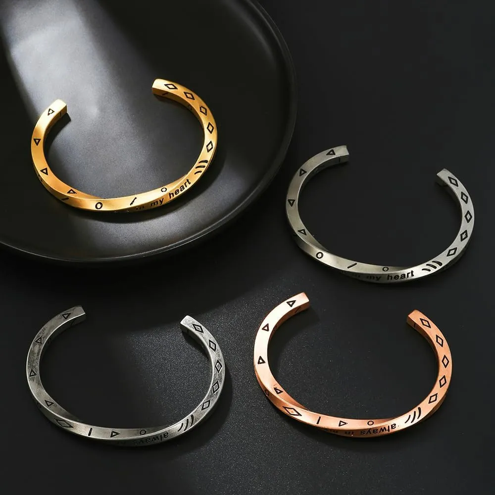 Retro Silver Cuff Bracelets for Men Women - 18K Gold Plated Stainless Steel Viking Always In My Heart Cuff Bangles Bracelets