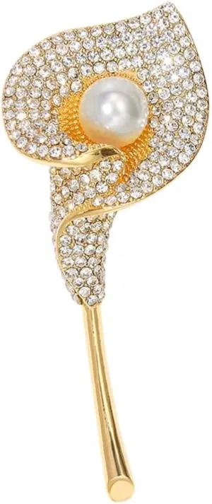 Rhinestone Calla Lily Flower Leaf Brooch Pin for Women Men Gold Plated Fashion Crystal Shell Pearl Corsage Brooches Lapel Pins Elegant Dress Accessories Wedding Birthday Jewelry