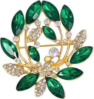 Rhinestone Wreath Leaf Brooch Pin for Women Unisex Gold Plated Fashion AB Crystal Green Leaves Brooches Lapel Pins Elegant Birthday Wedding Dress Accessories Jewelry