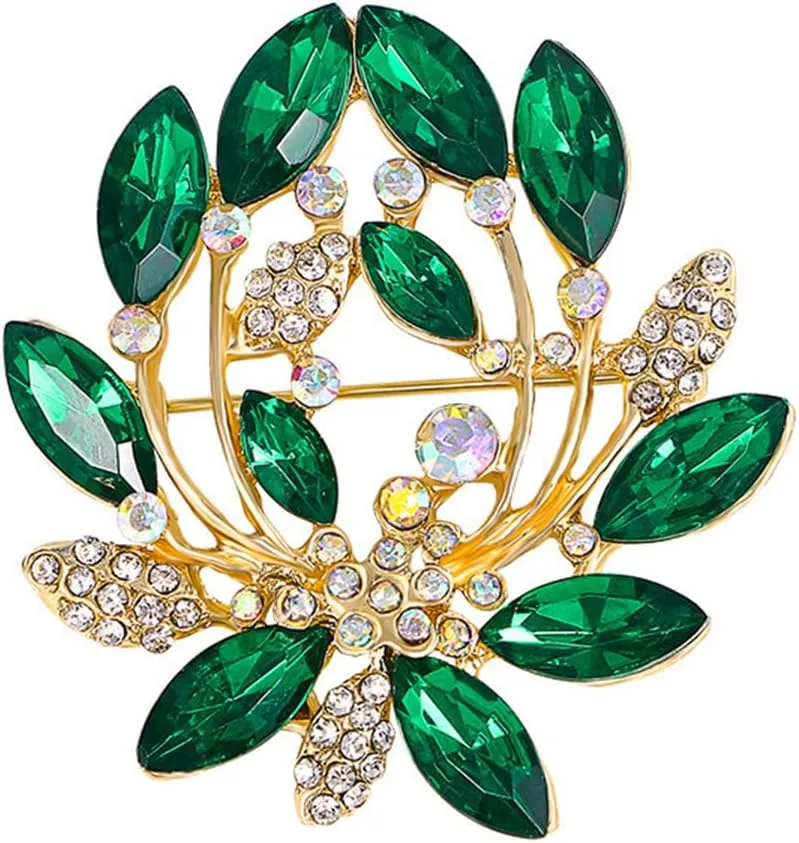 Rhinestone Wreath Leaf Brooch Pin for Women Unisex Gold Plated Fashion AB Crystal Green Leaves Brooches Lapel Pins Elegant Birthday Wedding Dress Accessories Jewelry