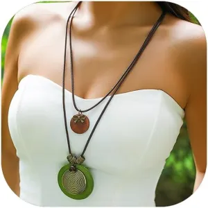 Rrdaily Long Boho Necklaces for Women, Vintage Adjustable Long Leather Layered Necklace Statement Charm Jewelry Gift