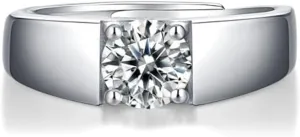S925 Sterling Silver Adjustable Mens Wedding Rings | 1 Carat Classic Diamond Ring Design | D-color VVS1 Excellent Cut | Ideal Father's Day Gift
