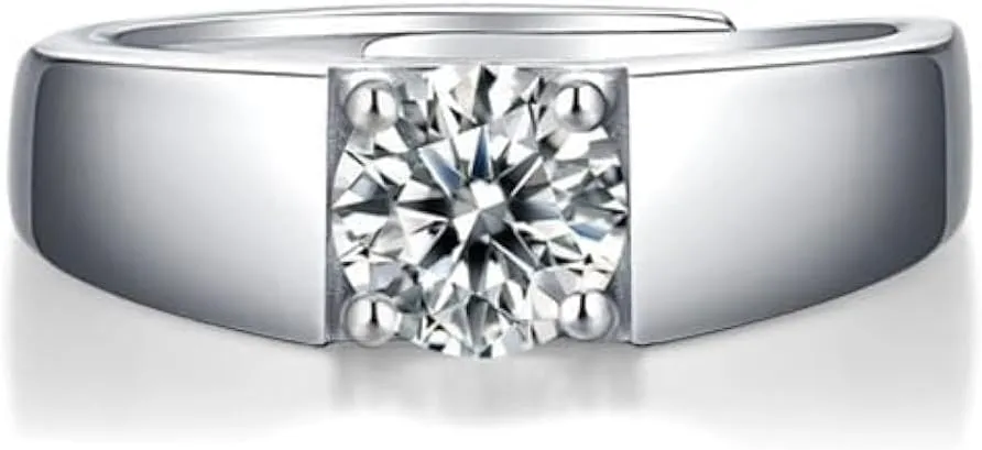 S925 Sterling Silver Adjustable Mens Wedding Rings | 1 Carat Classic Diamond Ring Design | D-color VVS1 Excellent Cut | Ideal Father's Day Gift