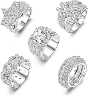 Sanfenly Iced Out Rings for Men Bling Fake Diamond Costume Pinky Rings Chunky Gold Silver 80s 90s Hip Hop Rings Star Cuban Chain Square US Dollar Sign Rapper Ring Fashion Cosplay Man Jewelry Ring Set