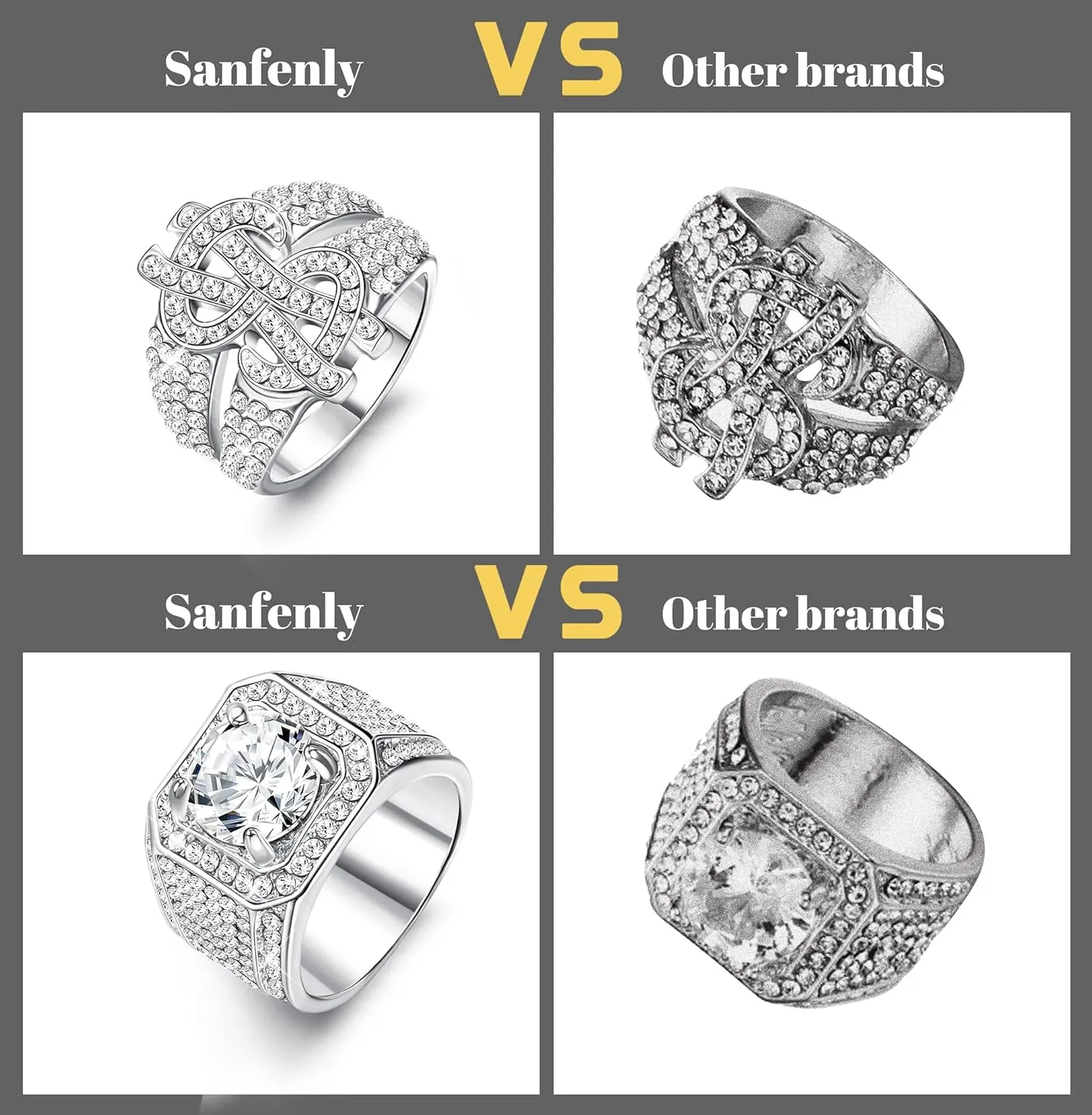 Sanfenly Iced Out Rings for Men Bling Fake Diamond Costume Pinky Rings Chunky Gold Silver 80s 90s Hip Hop Rings Star Cuban Chain Square US Dollar Sign Rapper Ring Fashion Cosplay Man Jewelry Ring Set