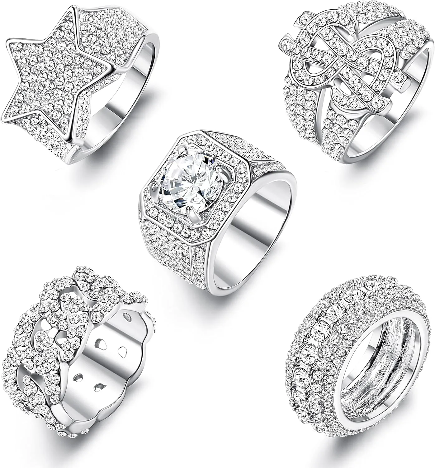 Sanfenly Iced Out Rings for Men Bling Fake Diamond Costume Pinky Rings Chunky Gold Silver 80s 90s Hip Hop Rings Star Cuban Chain Square US Dollar Sign Rapper Ring Fashion Cosplay Man Jewelry Ring Set