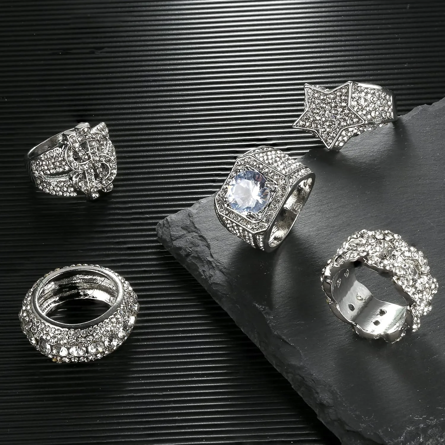 Sanfenly Iced Out Rings for Men Bling Fake Diamond Costume Pinky Rings Chunky Gold Silver 80s 90s Hip Hop Rings Star Cuban Chain Square US Dollar Sign Rapper Ring Fashion Cosplay Man Jewelry Ring Set