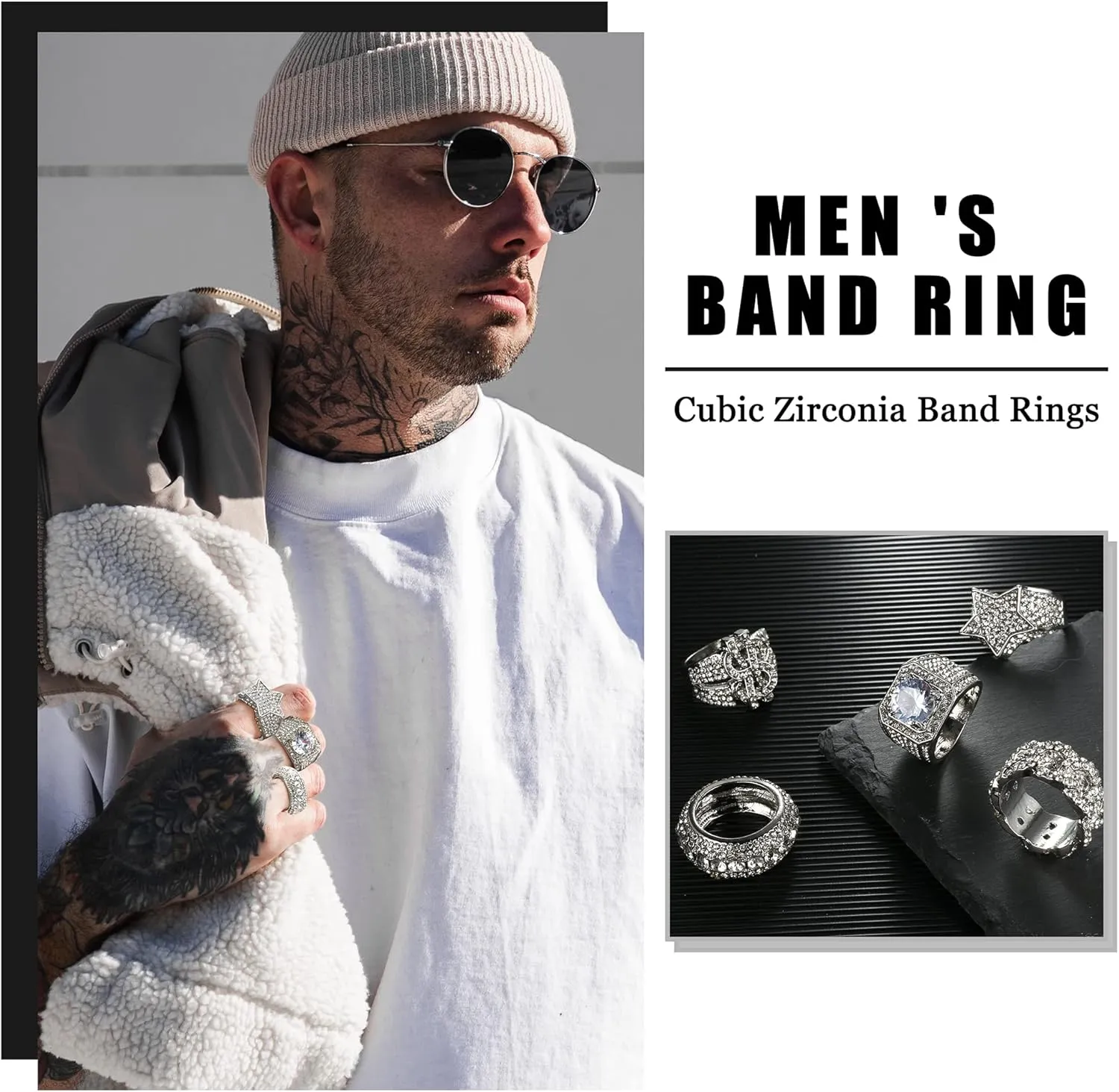 Sanfenly Iced Out Rings for Men Bling Fake Diamond Costume Pinky Rings Chunky Gold Silver 80s 90s Hip Hop Rings Star Cuban Chain Square US Dollar Sign Rapper Ring Fashion Cosplay Man Jewelry Ring Set