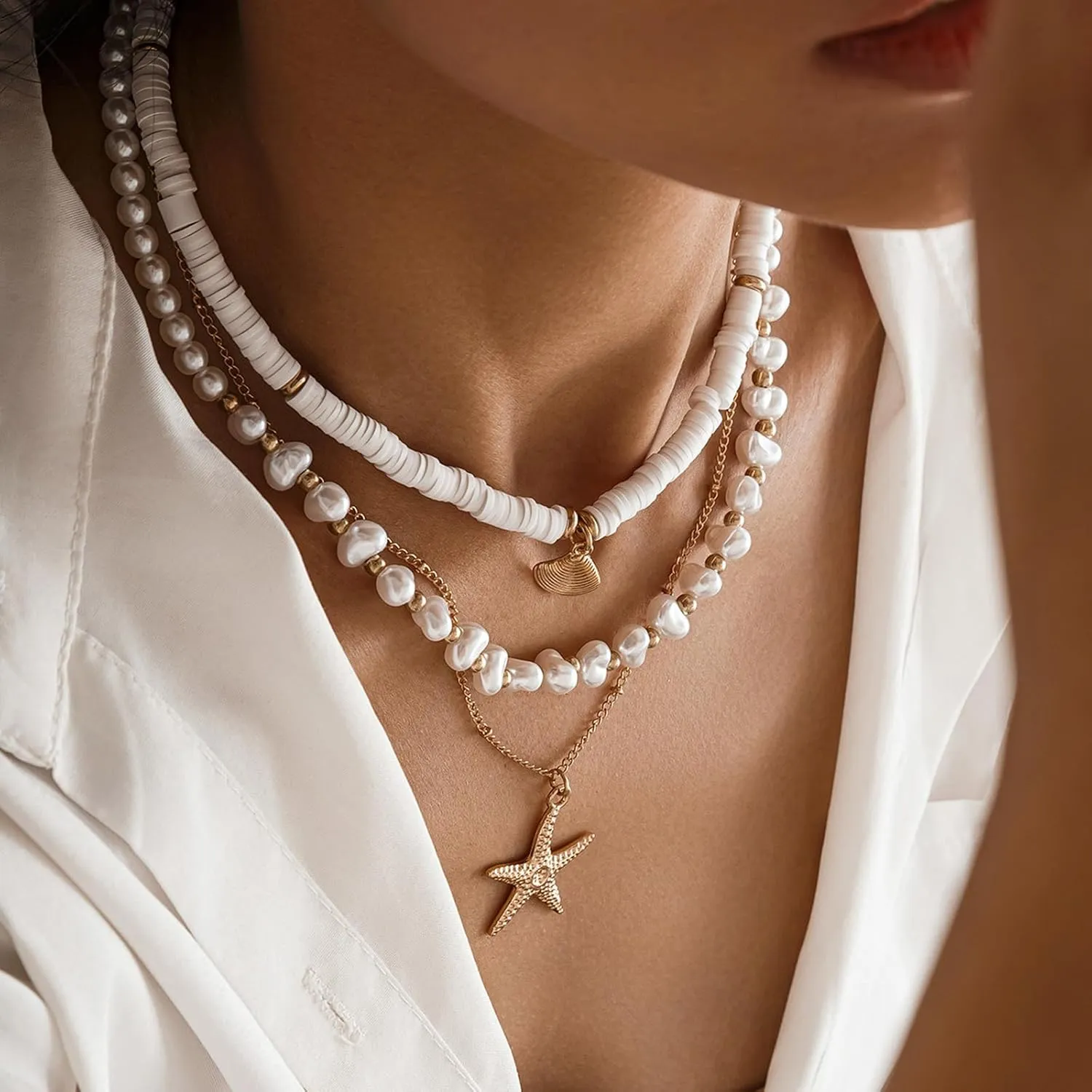 Seashell Necklace for Women Shell Necklace Summer Outfits for Women Adjustable Layered Sea Shell Charm Necklaces Beach Vacation Essentials Holiday Jewelry