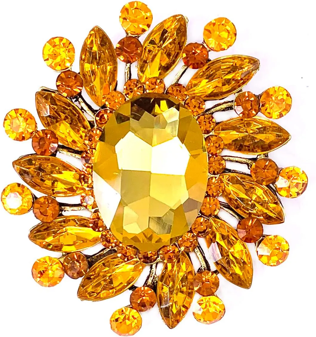 SELOVO Flower Rhinestone Statement Brooch Pin Broach Antique Gold Tone