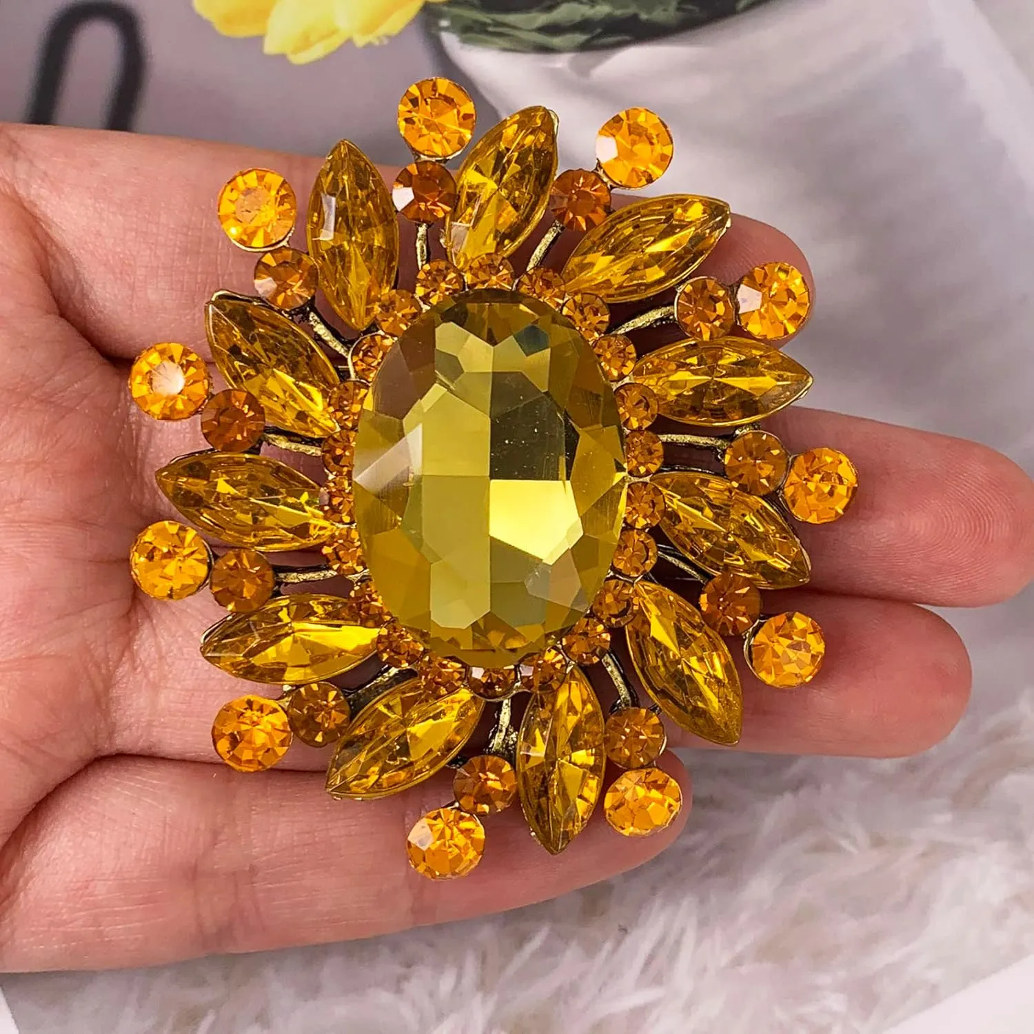 SELOVO Flower Rhinestone Statement Brooch Pin Broach Antique Gold Tone