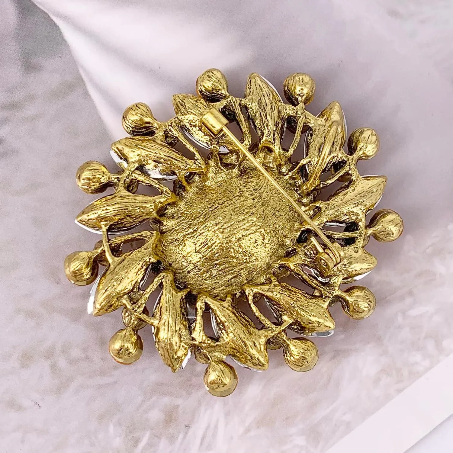 SELOVO Flower Rhinestone Statement Brooch Pin Broach Antique Gold Tone