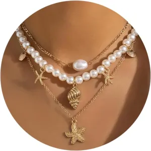 Shell Necklaces for Women Layered Gold Boho Beaded Seashell Choker Adjustable Pearl Starfish Necklace Beach Jewelry Hawaiian Summer Accessories for Women