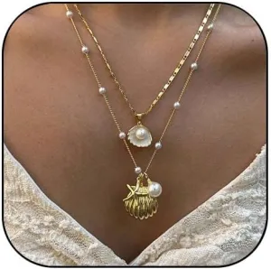 Shell Starfish Necklace for Women Gold Pearl Seashell Charm Necklace Boho Summer Beach Jewelry for Women