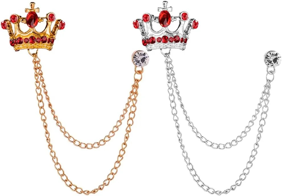 Shuxy 2PCS Men's Brooch Crown Hanging Chain Brooch Red Stone Detailing with Engraving Metal Crystal Brooch Suit Stud Lapel Pin Vintage Rhinestone Breastpin Wedding Brooch Pin, Gold and Silver