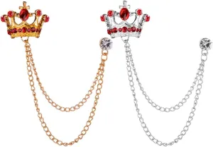 Shuxy 2PCS Men's Brooch Crown Hanging Chain Brooch Red Stone Detailing with Engraving Metal Crystal Brooch Suit Stud Lapel Pin Vintage Rhinestone Breastpin Wedding Brooch Pin, Gold and Silver