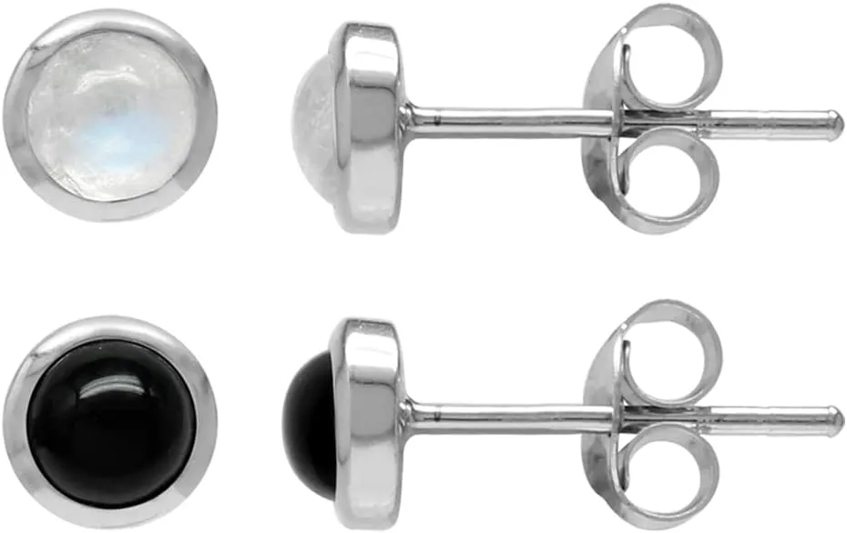 Silvershake 4MM Petite Round Shape Cabochon Gemstones White Gold Plated or Yellow Gold Plated 925 Sterling Silver Stud Post Birthstone Earrings Jewelry for Women or Teens Second or third Hole Piercing