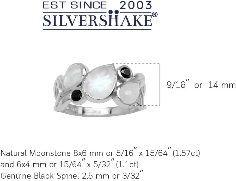 Silvershake Natural Moonstone and Black Spinel 925 Sterling Silver Leaf Vintage Ring