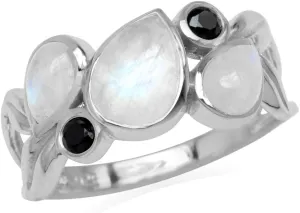 Silvershake Natural Moonstone and Black Spinel 925 Sterling Silver Leaf Vintage Ring