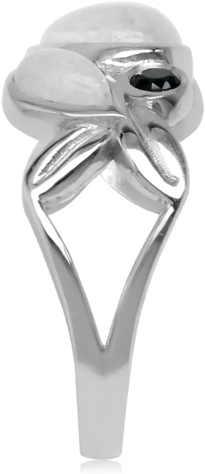 Silvershake Natural Moonstone and Black Spinel 925 Sterling Silver Leaf Vintage Ring