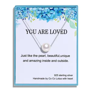 Simple Pearl Necklace for Girls, 10mm Shell White Pearl Pendant with Sterling Silver Adjustable Cable Chain, Gifts for Women and Teenage Girls