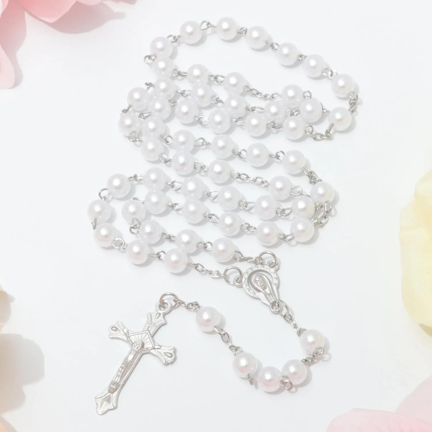 Simulated Pearl Rosary Necklace with Crucifix Pendant, Long Beaded Chain with Silver Plated Metal Cross Pendant for Women