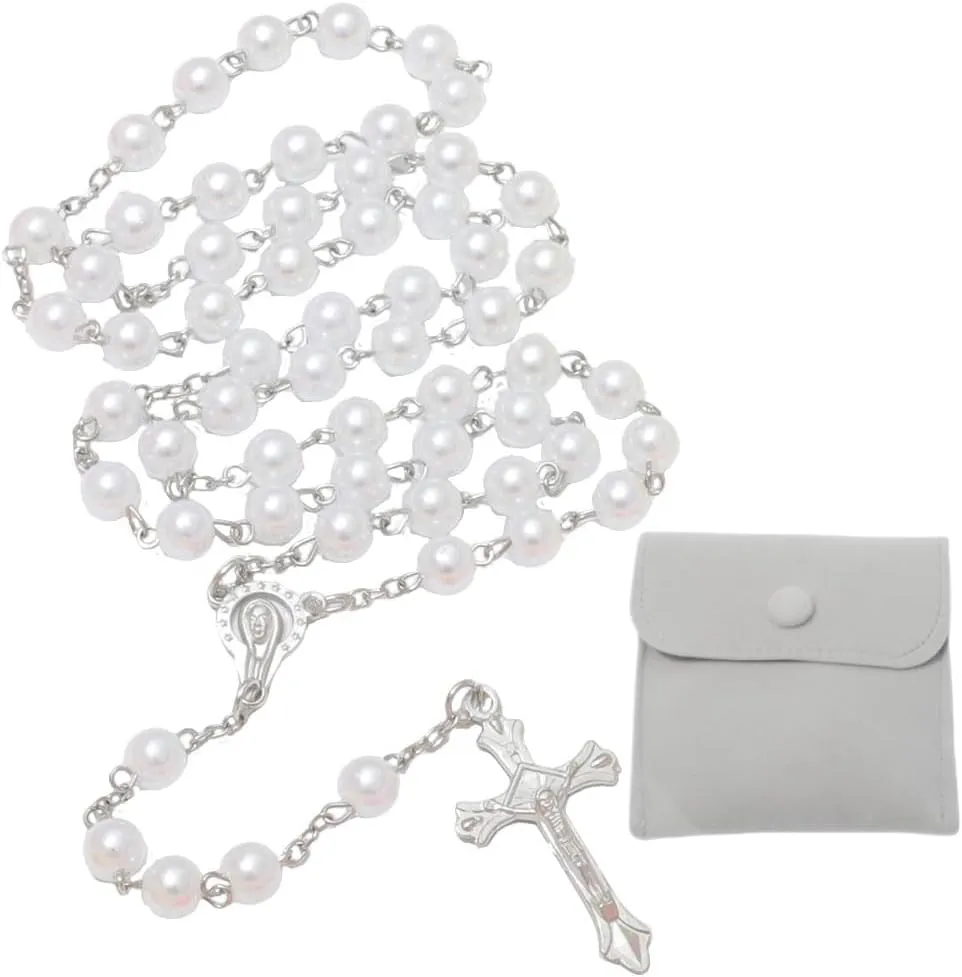Simulated Pearl Rosary Necklace with Crucifix Pendant, Long Beaded Chain with Silver Plated Metal Cross Pendant for Women