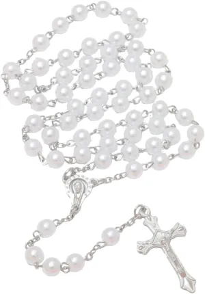 Simulated Pearl Rosary Necklace with Crucifix Pendant, Long Beaded Chain with Silver Plated Metal Cross Pendant for Women