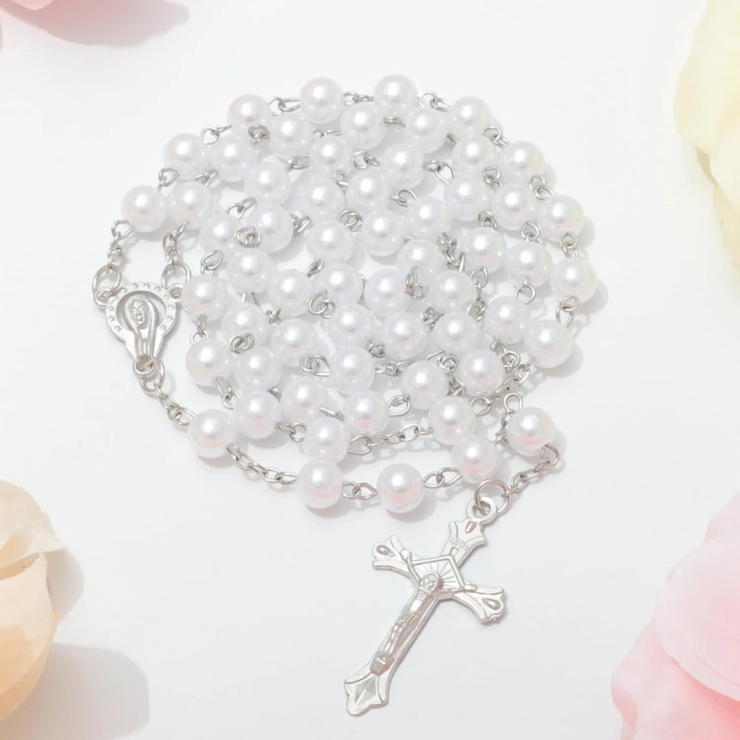 Simulated Pearl Rosary Necklace with Crucifix Pendant, Long Beaded Chain with Silver Plated Metal Cross Pendant for Women