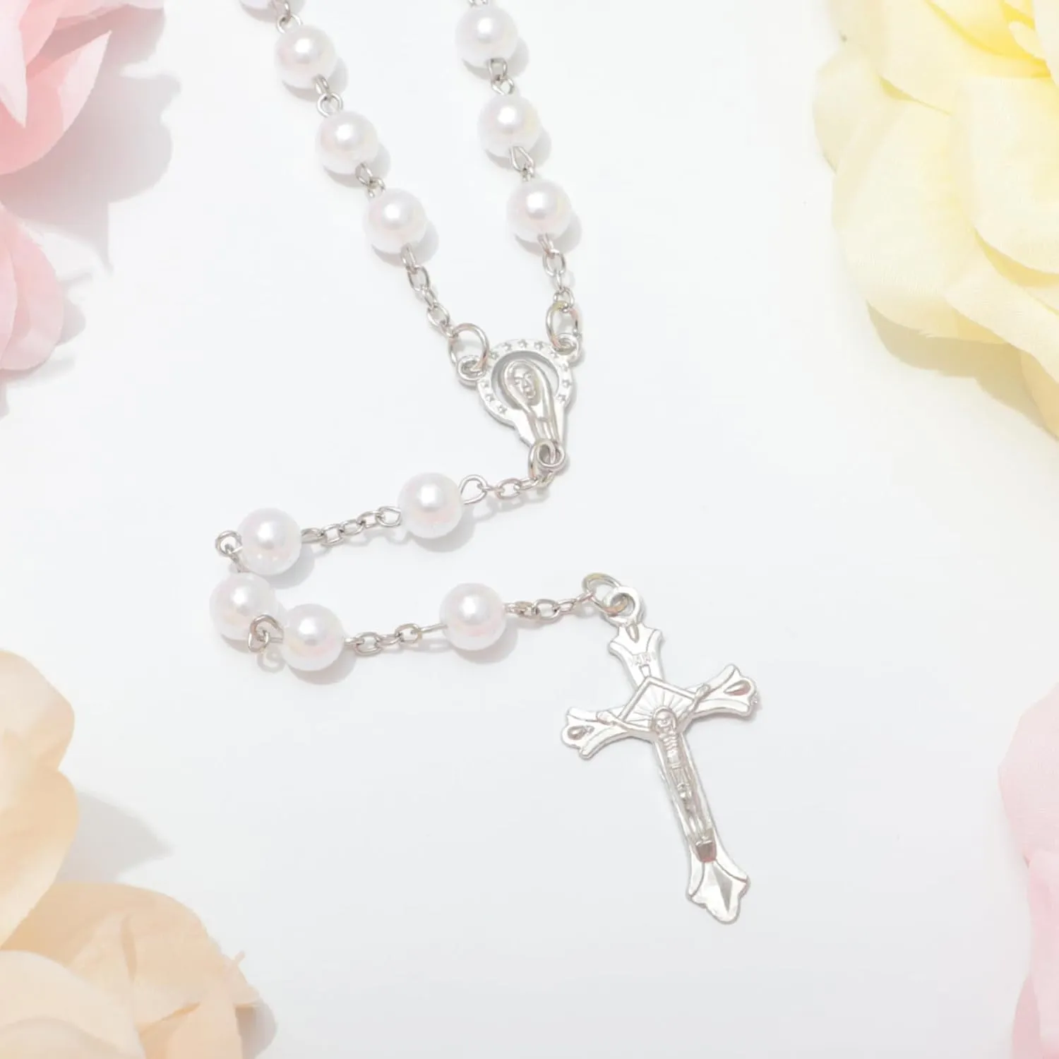 Simulated Pearl Rosary Necklace with Crucifix Pendant, Long Beaded Chain with Silver Plated Metal Cross Pendant for Women