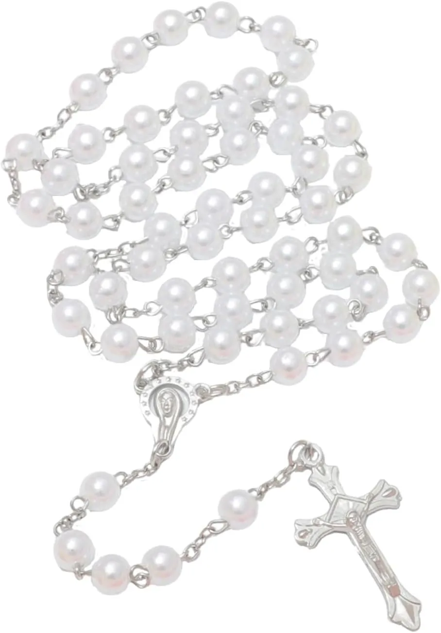 Simulated Pearl Rosary Necklace with Crucifix Pendant, Long Beaded Chain with Silver Plated Metal Cross Pendant for Women