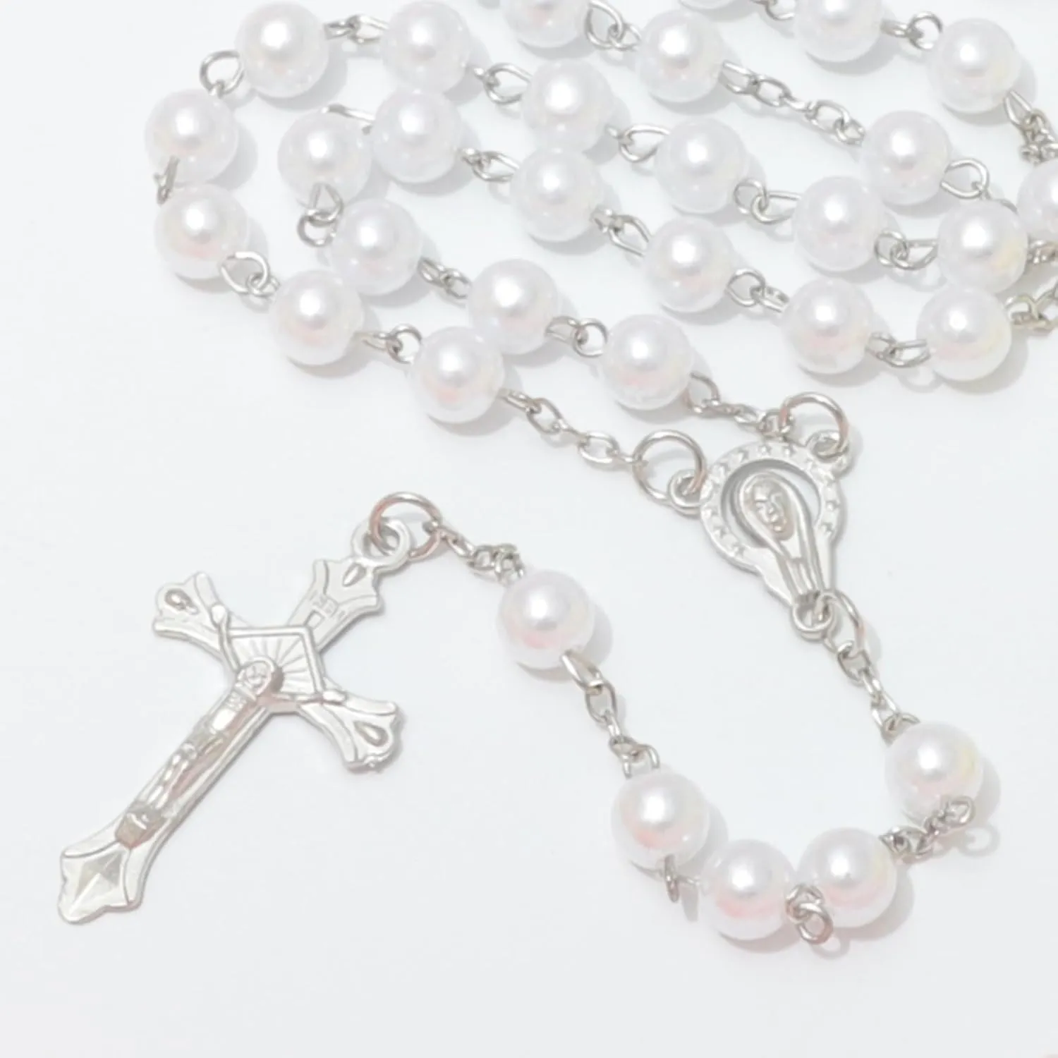 Simulated Pearl Rosary Necklace with Crucifix Pendant, Long Beaded Chain with Silver Plated Metal Cross Pendant for Women
