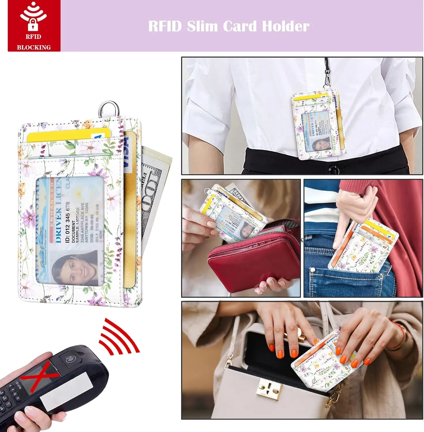 Slim Front Pocket Wallet RFID ID Card Holder Cute Small Wallet with Keychian for Women