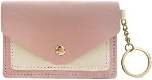 Slim Wallets for Women, Slim Minimalist Wallet Keychain, Leather Snap Front Pocket Wallet with Card Holder (Pink)