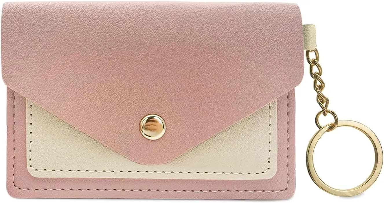 Slim Wallets for Women, Slim Minimalist Wallet Keychain, Leather Snap Front Pocket Wallet with Card Holder (Pink)