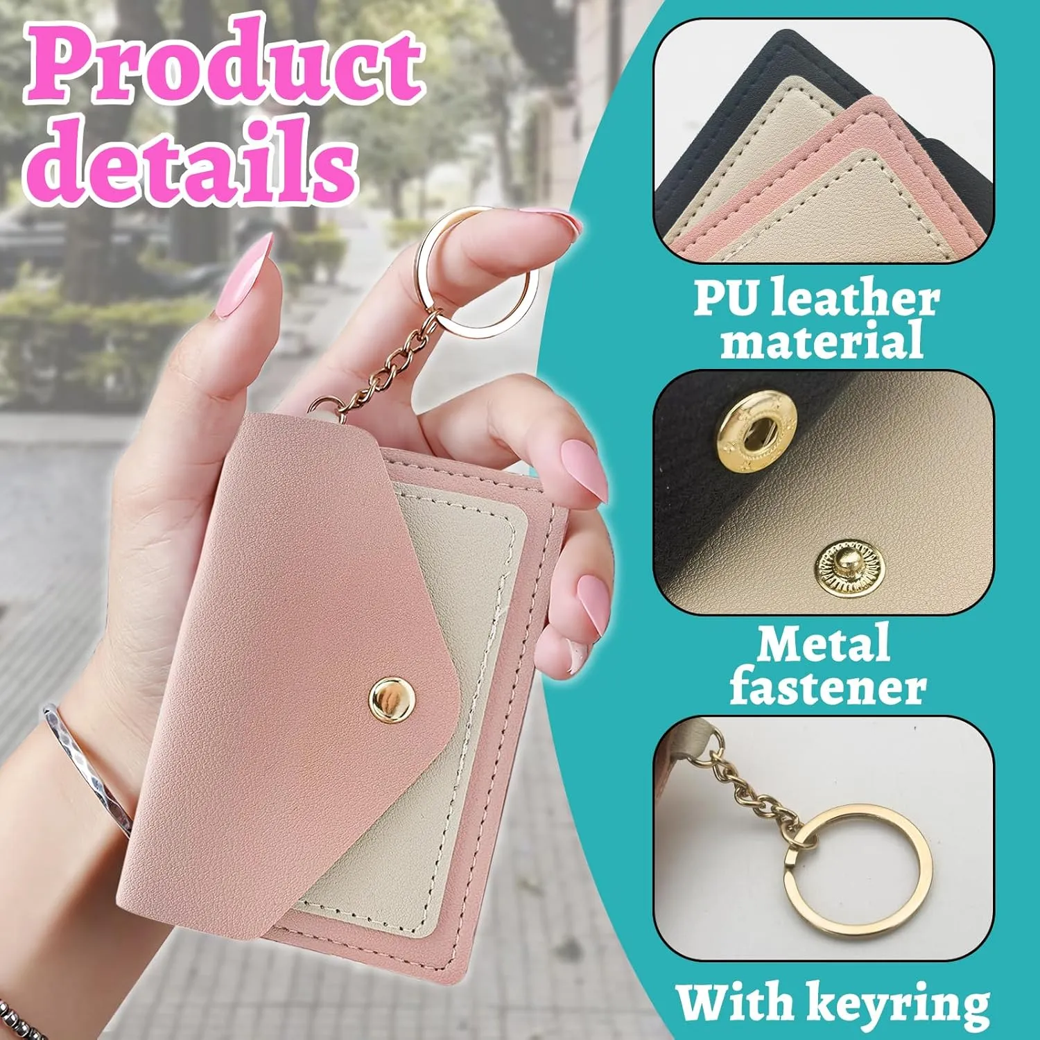 Slim Wallets for Women, Slim Minimalist Wallet Keychain, Leather Snap Front Pocket Wallet with Card Holder (Pink)