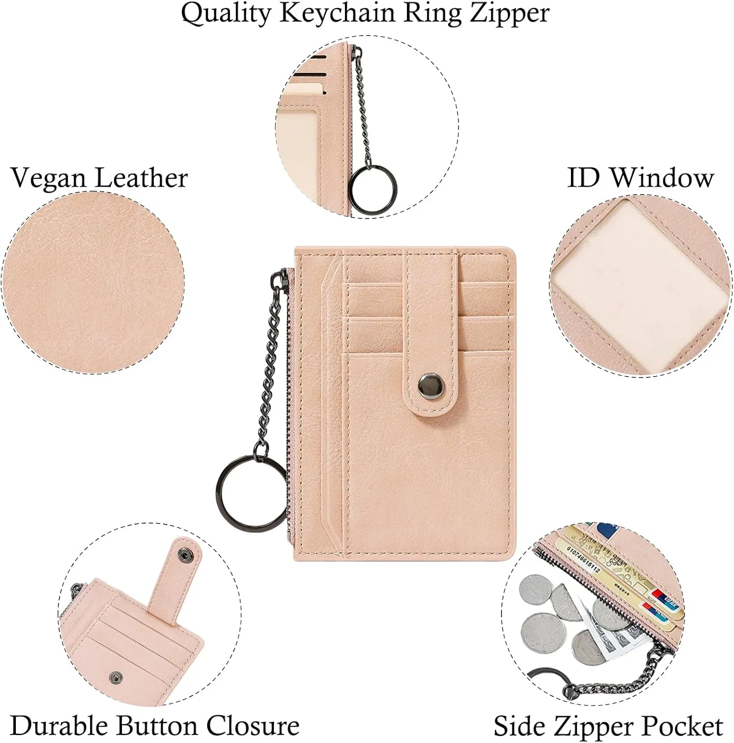 Small Wallet for Women Slim RFID Blocking Credit Card Holder Minimalist Keychain Wallet with Zipper Pocket